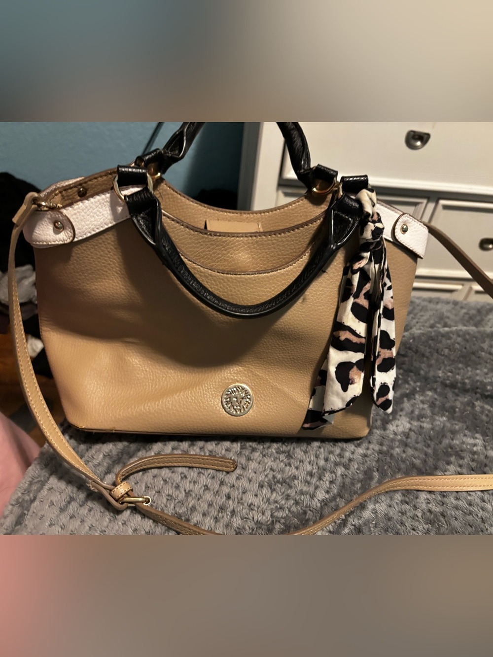 Women’s Anne Klein Tan Leather Tote Bag with Black Handles